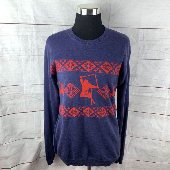 Core Concepts Merino Wool Sweater Pullover Small Red Navy Graphic Ski Deer Geo - Picture 2 of 16